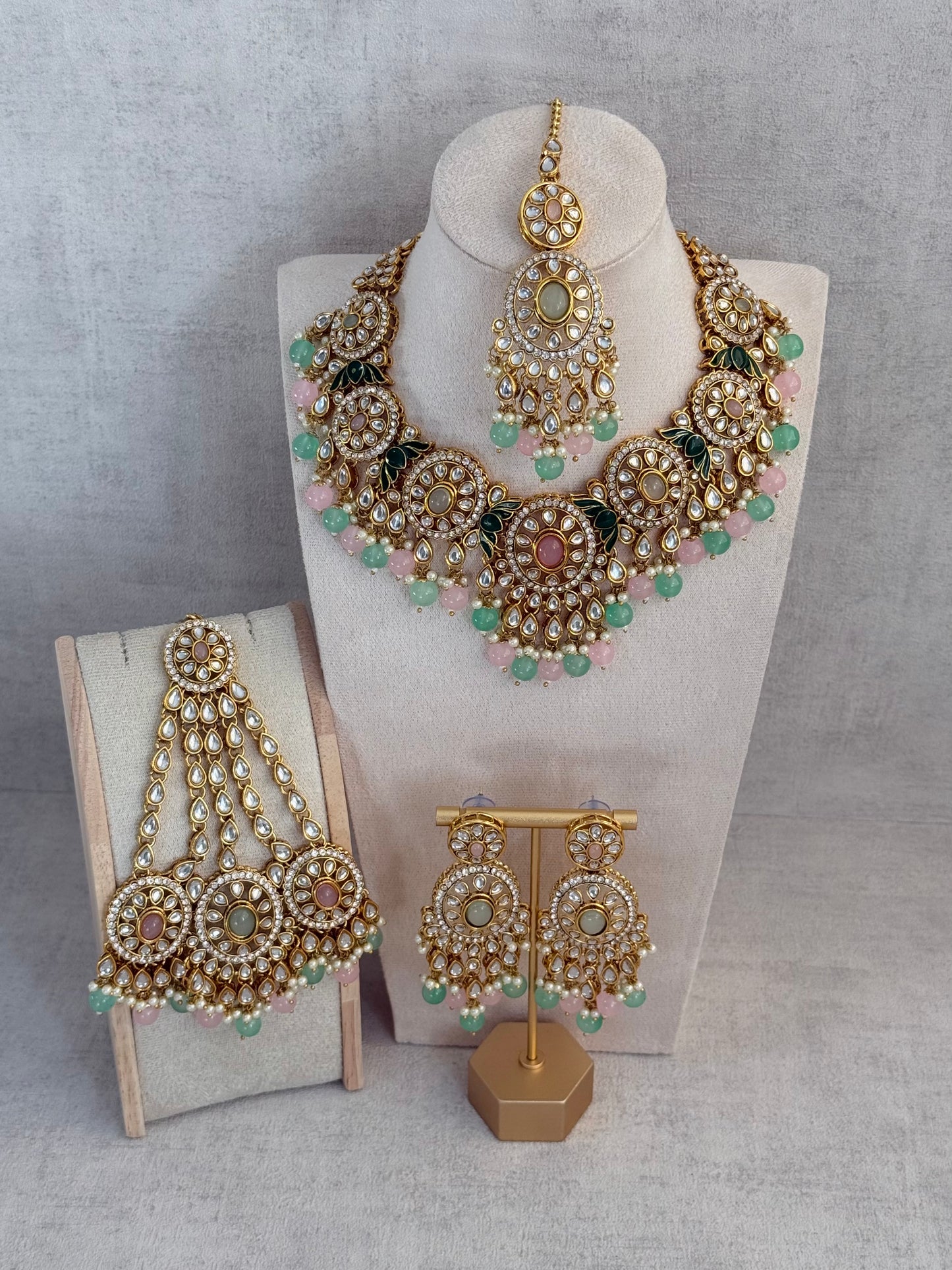 Ayura Designs Zara Set with Necklace, Earrings, Tikka & Passa – Antique Gold with Kundan Detailing & Mint Green & Blush Pink Beads