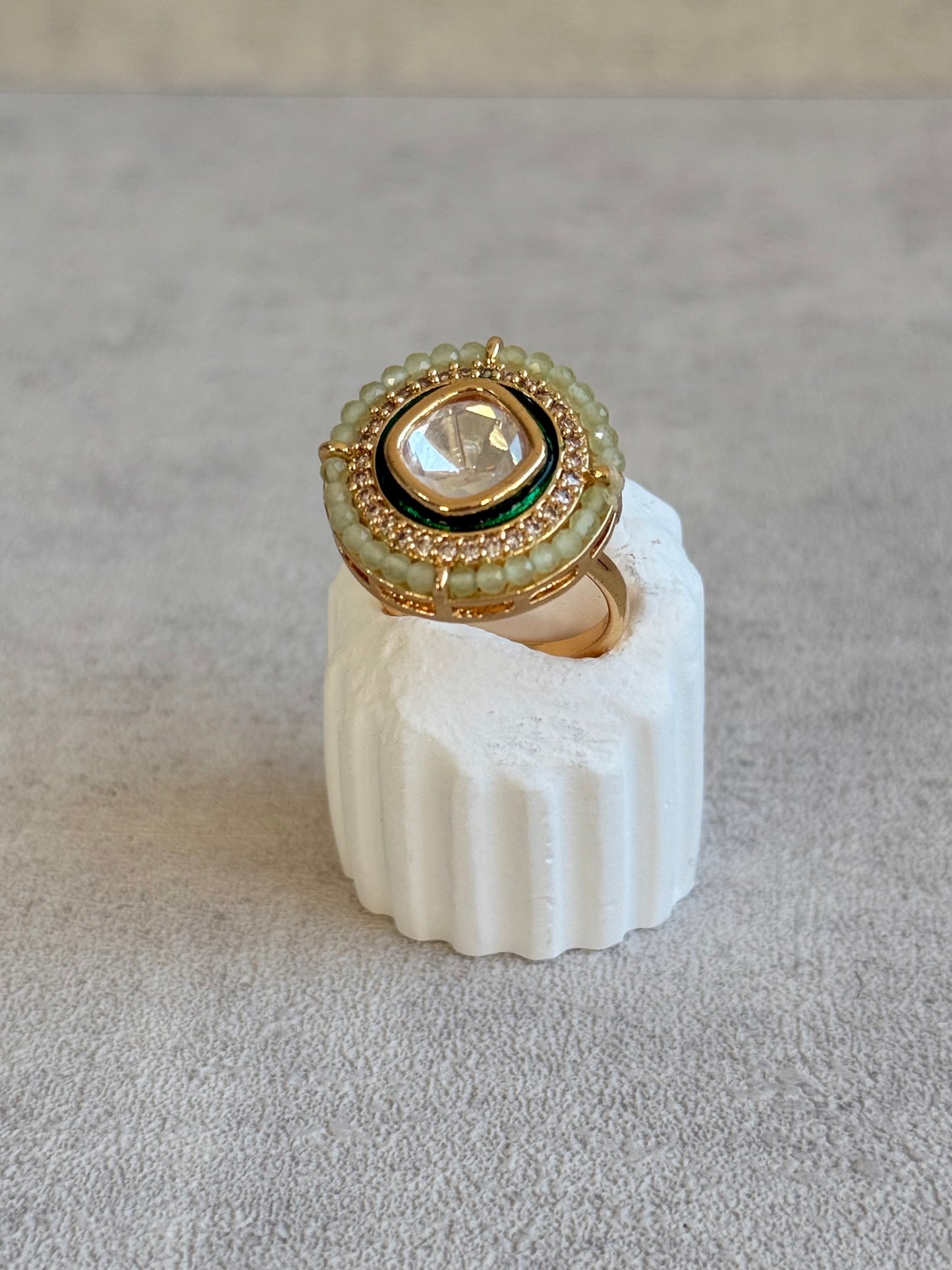 Ayura Designs Roselle Adjustable Ring – Moissanite Centre with Crystal Border & Mint Green Beads