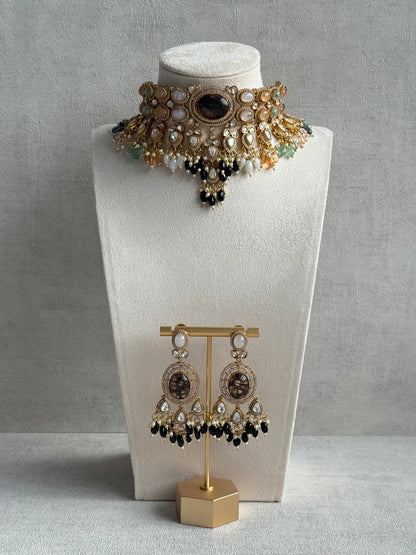 Ayura Designs Poppy Choker Set with Statement Earrings – Smoky Stone Centre with Pastel Beads, Pearls and Black Drops