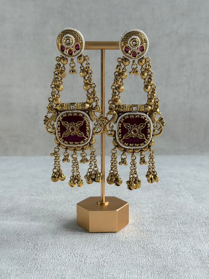 Ayura Designs Hazar Earrings – Gold Peacock Design with Ruby Red Enamel, Pearl Beading & Ghungroo Detailing