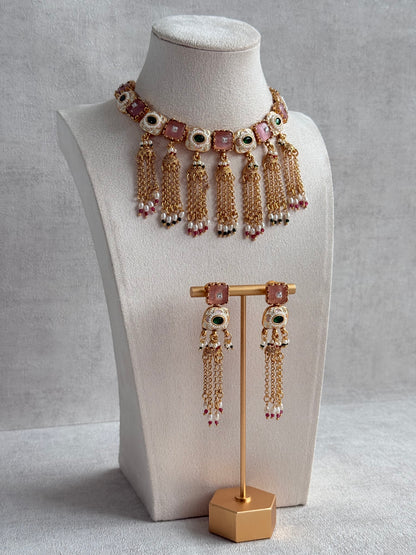 Ayura Designs Thansi Necklace Set with Earrings – Pink & Green Stones, Enamel Detailing, Chains with Pearl Drops & Gold Finish