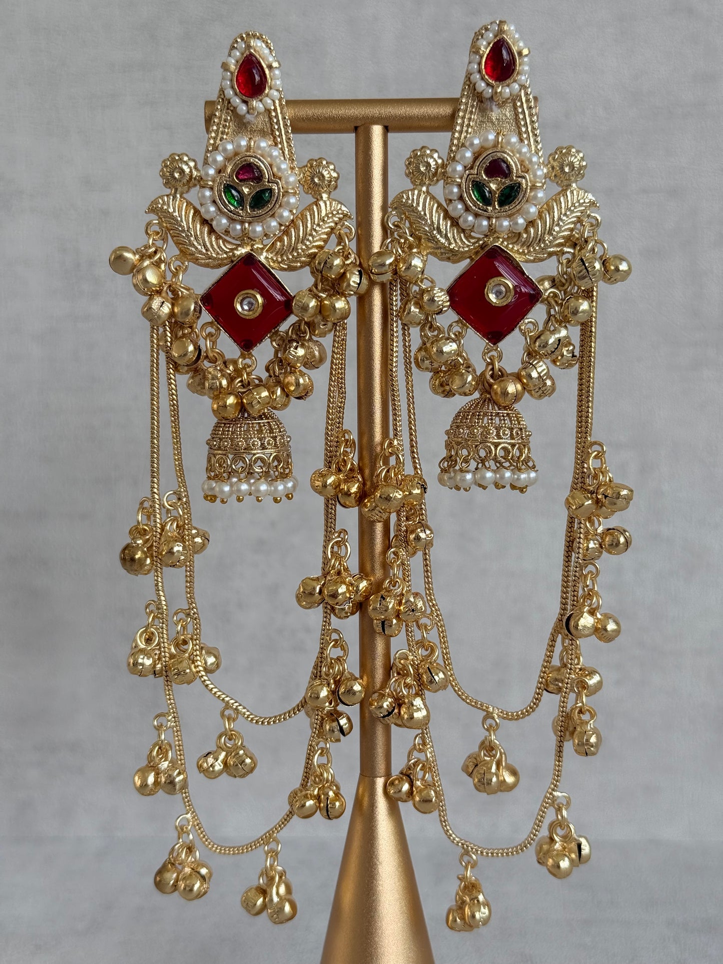 Ayura Designs Simal Earrings – Kashmiri Earrings with Red Stone, Multicoloured Detailing, Layered Ghungroo Chains & Jhumkis