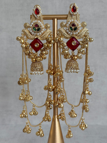 Ayura Designs Simal Earrings – Kashmiri Earrings with Red Stone, Multicoloured Detailing, Layered Ghungroo Chains & Jhumkis