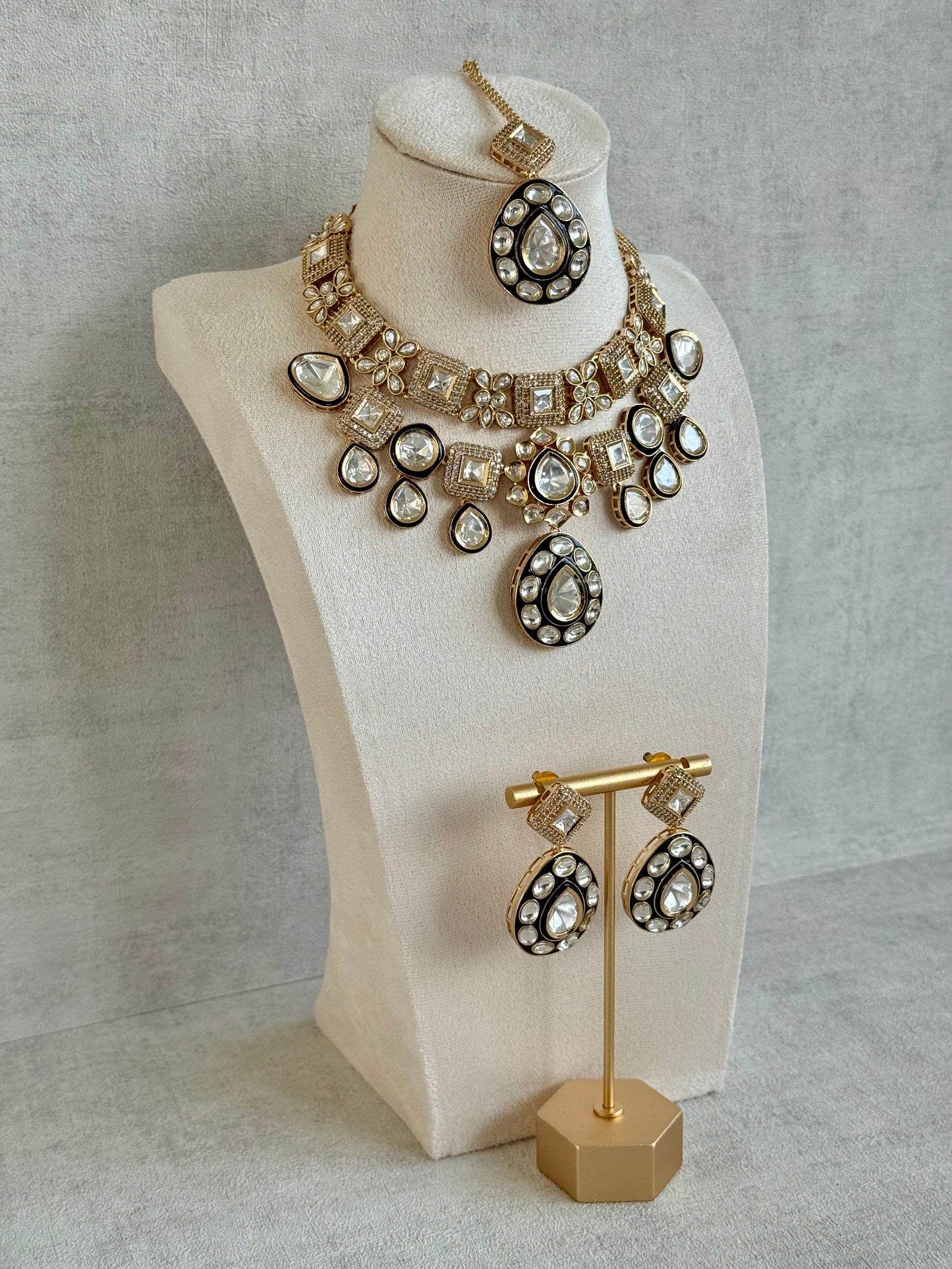 Ayura Designs Avani Set with Earrings & Tikka – Mirror-Cut Stones with Deep Blue Enamel Detailing & Crystal Borders