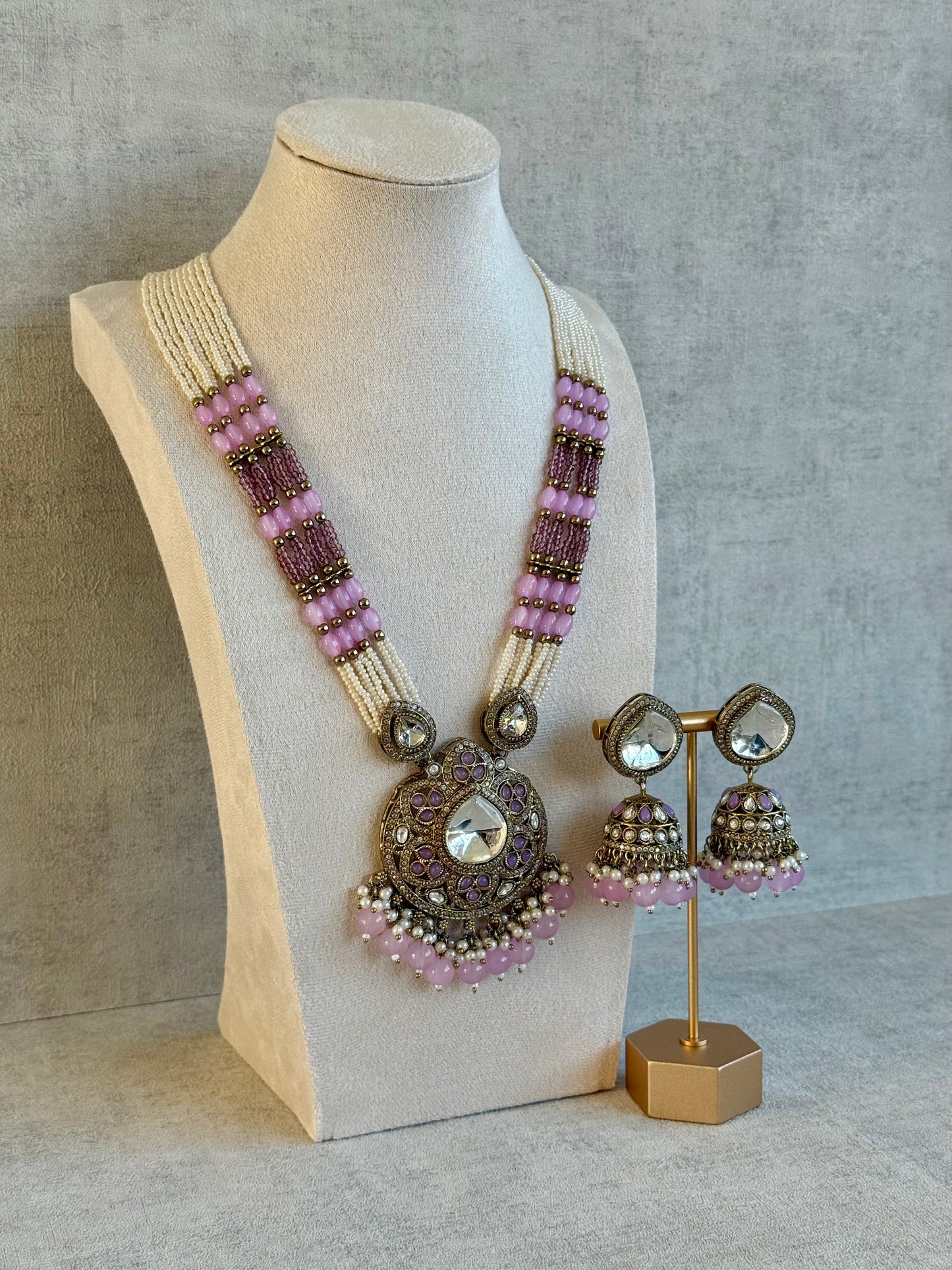 Ayura Designs Brielle Set – Necklace & Jhumkis with Mirror-Cut Stones, Dual-Tone Lilac & Ivory Beads