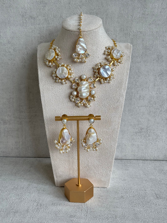 Ayura Designs Niamh Set with Tikka & Earrings - Baroque Pearl, Mother of Pearl & Crystals