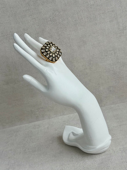 Ayura Designs Arzoo Adjustable Ring – Mirror-Cut Stone Centre with Green Enamel & Crystal Detailing