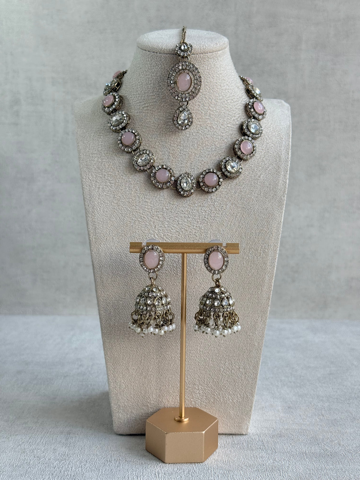 Ayura Designs Eira Necklace Set with Earrings & Tikka – Blush Pink & Crystal Stones with Antique Gold Finish