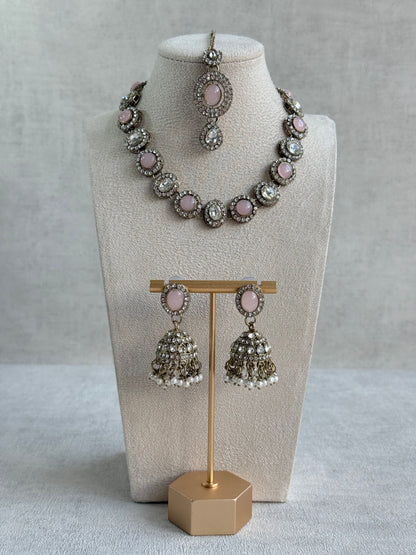 Ayura Designs Eira Necklace Set with Earrings & Tikka – Blush Pink & Crystal Stones with Antique Gold Finish