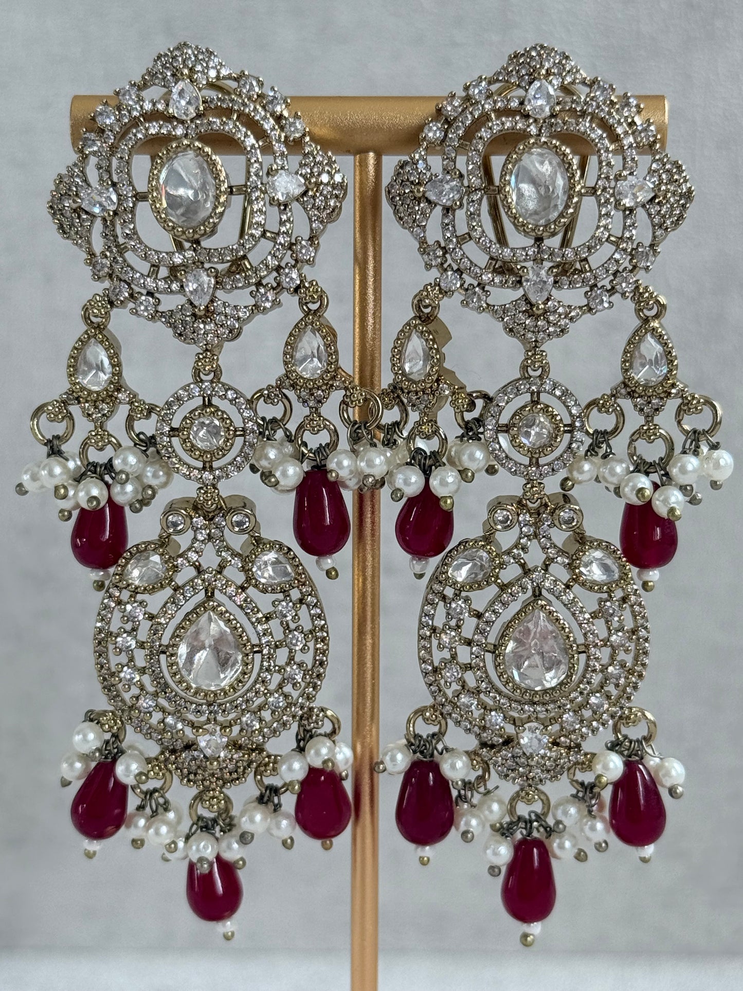 Ayura Designs Fazal Set with Necklace, Earrings & Tikka – Ruby Red Drops, Pearl Detailing & Moissanite Stonework