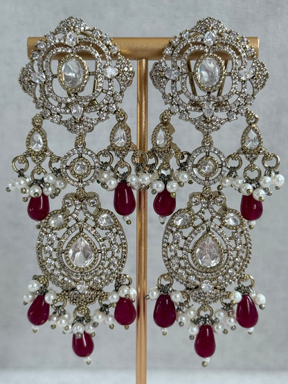 Ayura Designs Fazal Set with Necklace, Earrings & Tikka – Ruby Red Drops, Pearl Detailing & Moissanite Stonework