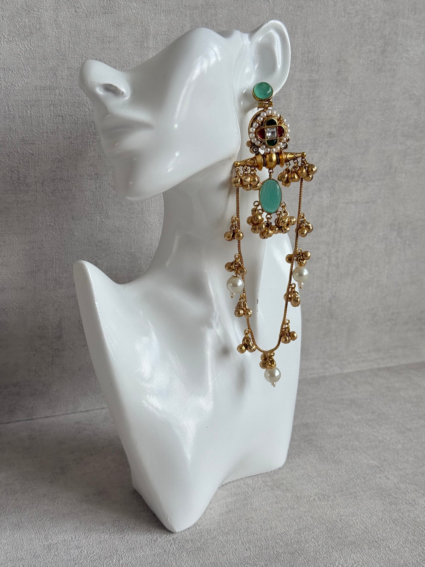 Ayura Designs Kashifa Earrings – Kashmiri Earrings with Mint Green Stone, Ghungroo Detailing & Pearl Drops