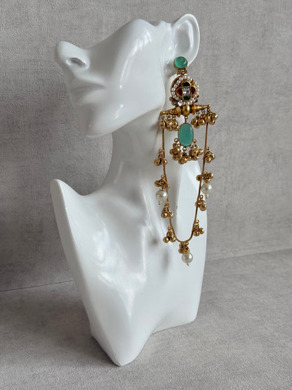 Ayura Designs Kashifa Earrings – Kashmiri Earrings with Mint Green Stone, Ghungroo Detailing & Pearl Drops