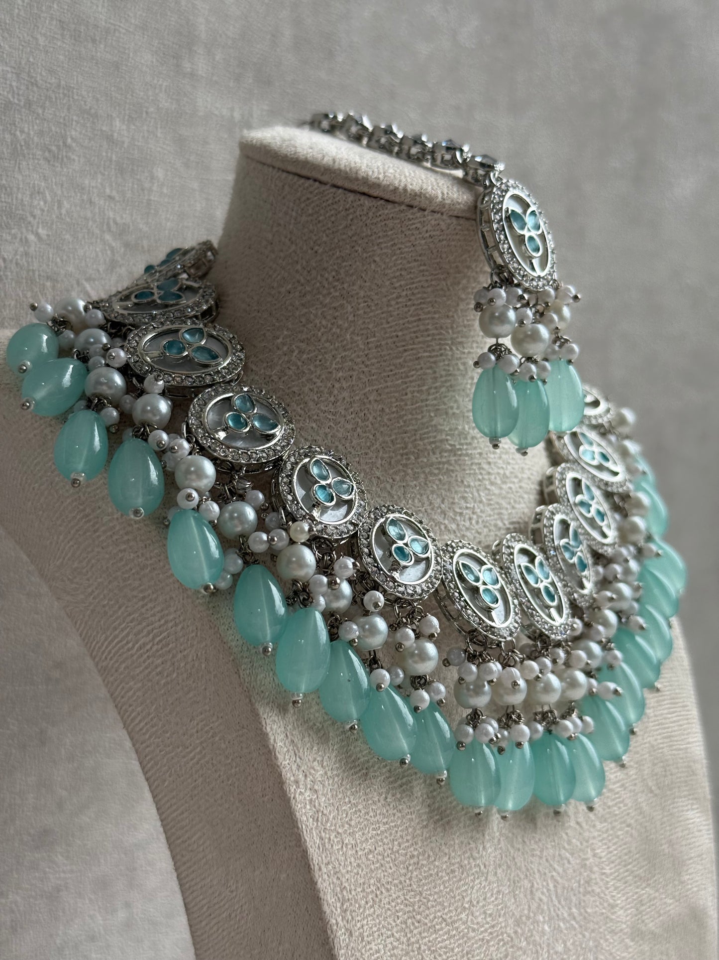 Ayura Designs Linza Set – Necklace, Earrings & Tikka in Aqua Blue & Pearl with Silver Finish