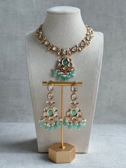 Ayura Designs Edina Necklace Set with Earrings – Kundan, Mint Green Stones & Pearl Detailing