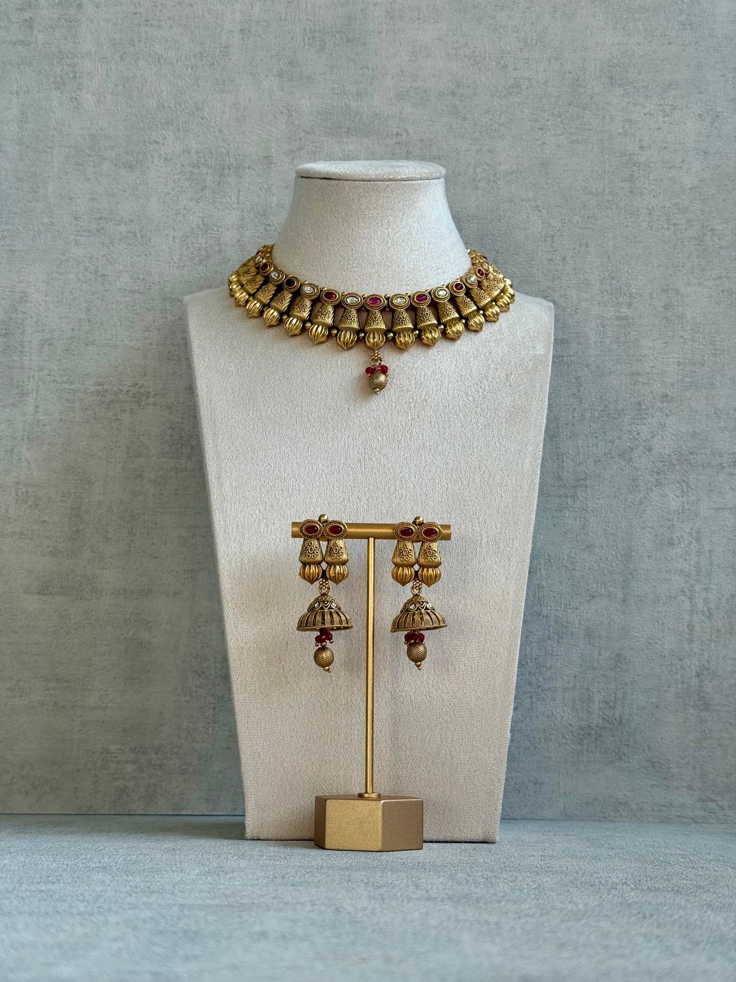Ayura Designs Aima Necklace Set with Earrings – Antique Gold with Rani Pink Stones