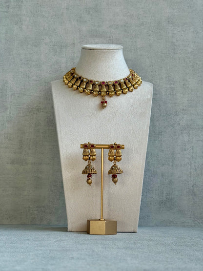 Ayura Designs Aima Necklace Set with Earrings – Antique Gold with Rani Pink Stones
