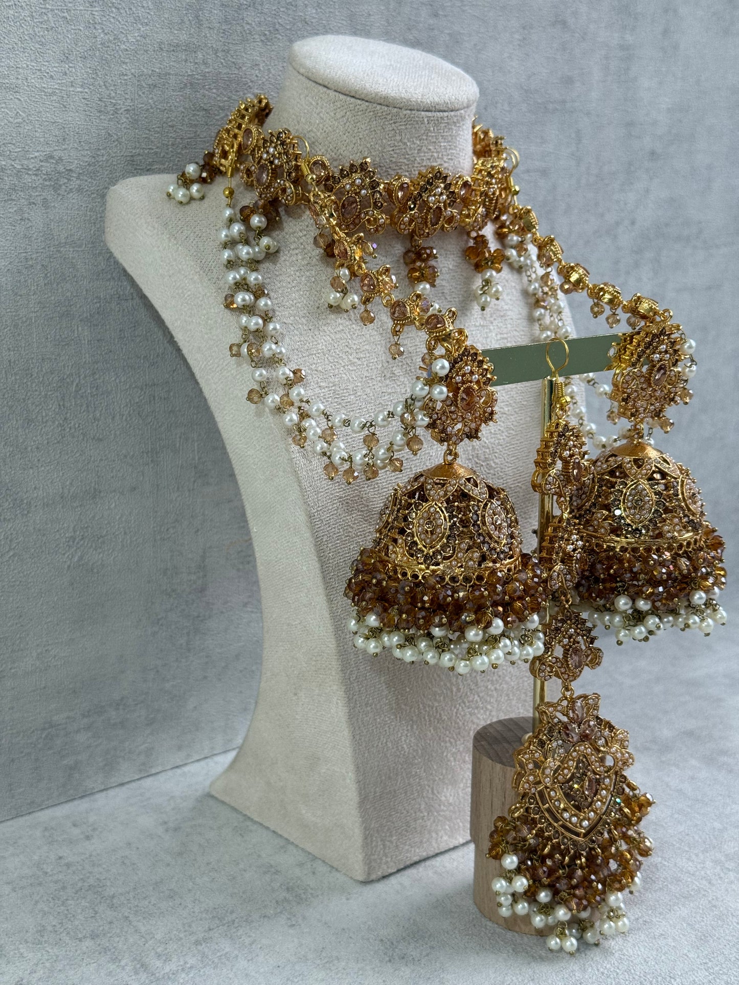 Ayura Designs Noor Set – Choker, Jhumkis with Sahare & Tikka in Champagne Gold with Pearl Detailing