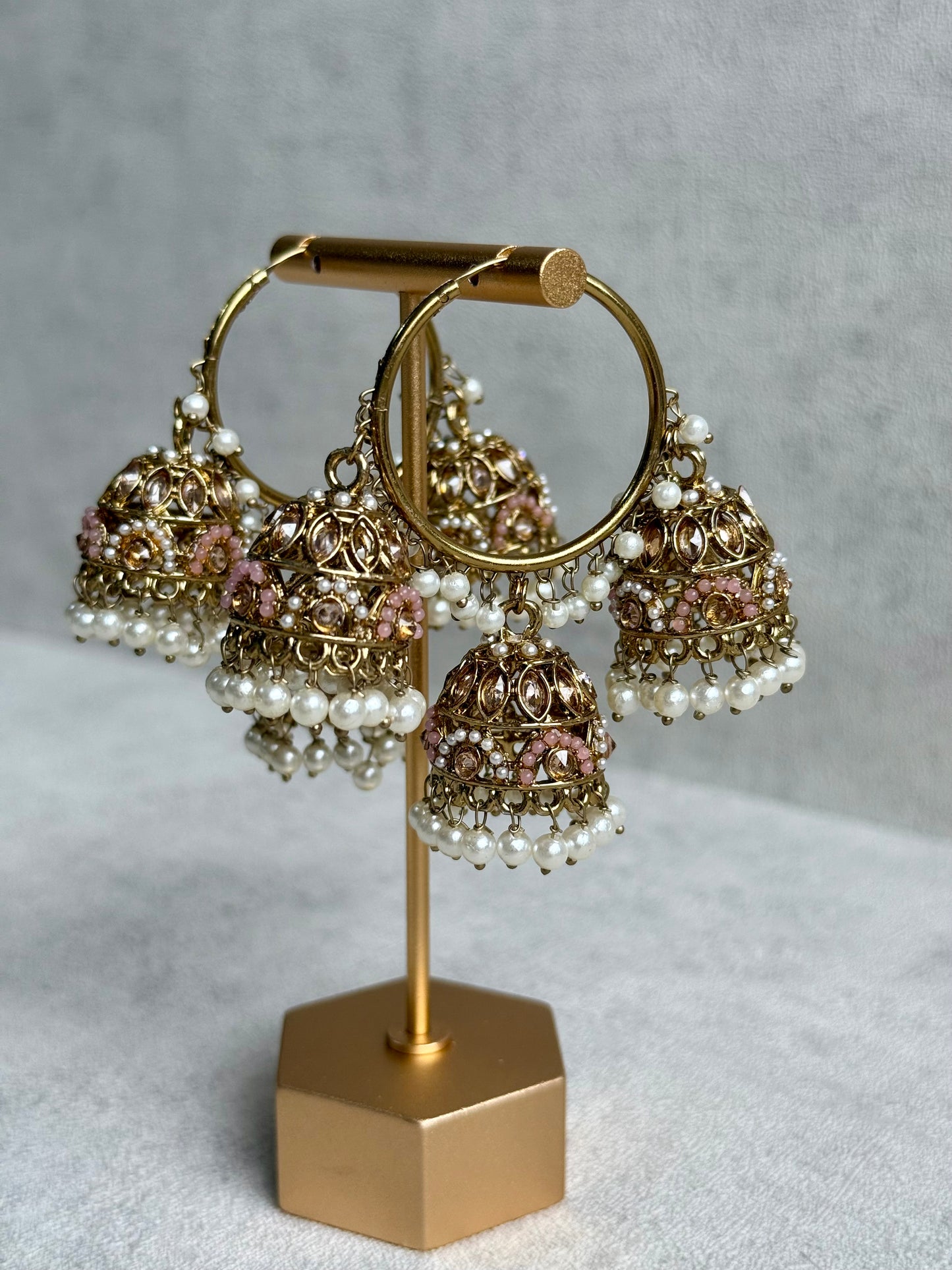 Ayura Designs Nakhra Balis – Blush Pink Triple Dome Earrings with Mirror-Cut Stones & Pearl Detailing