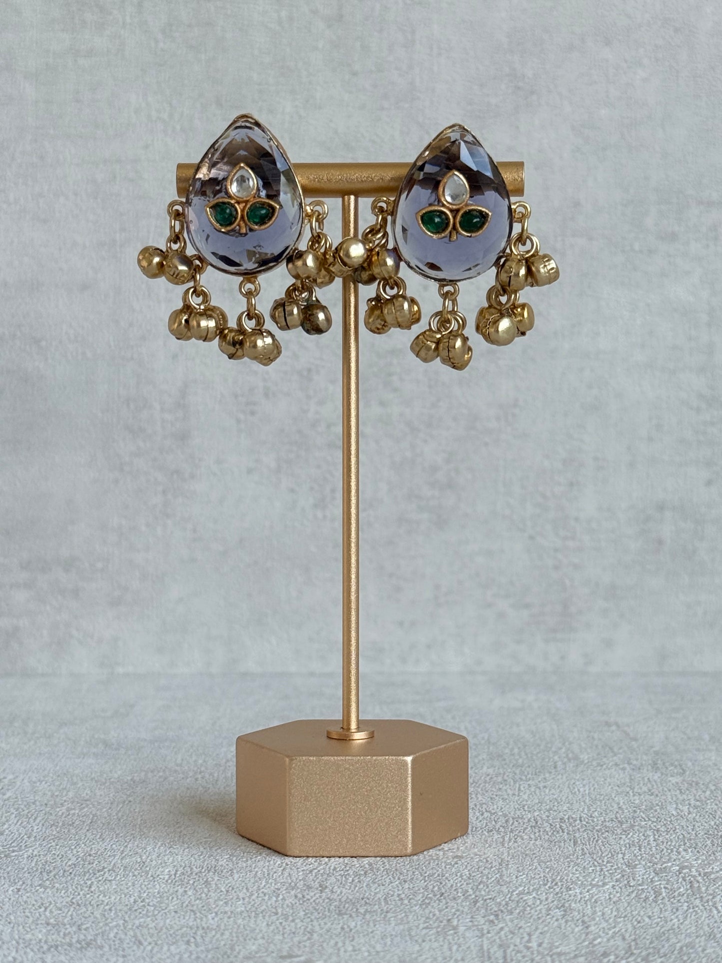 Ayura Designs Aykai Earrings – Smoky Blue Teardrop Stud Earrings with Green Kundan Stones & Gold Ghungroo Drops