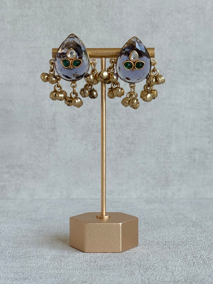 Ayura Designs Aykai Earrings – Smoky Blue Teardrop Stud Earrings with Green Kundan Stones & Gold Ghungroo Drops