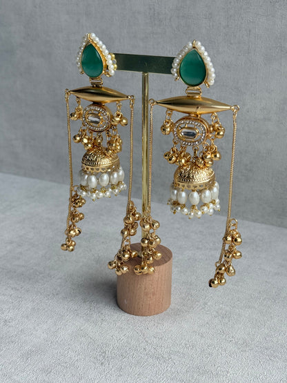 Ayura Designs Hoorza Earrings – Kashmiri Earrings with Mint Green Stones, Pearl Detailing & Ghungroo Chains
