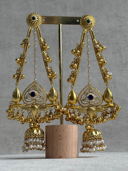 Ayura Designs Teja Earrings – Antique Gold Jhumkis with Blue Stone & Pearl Detailing