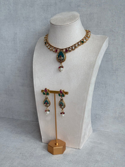 Ayura Designs Lamees Necklace Set with Earrings – Green Enamel, Emerald Green & Ruby Pink Stones with Pearl Drops