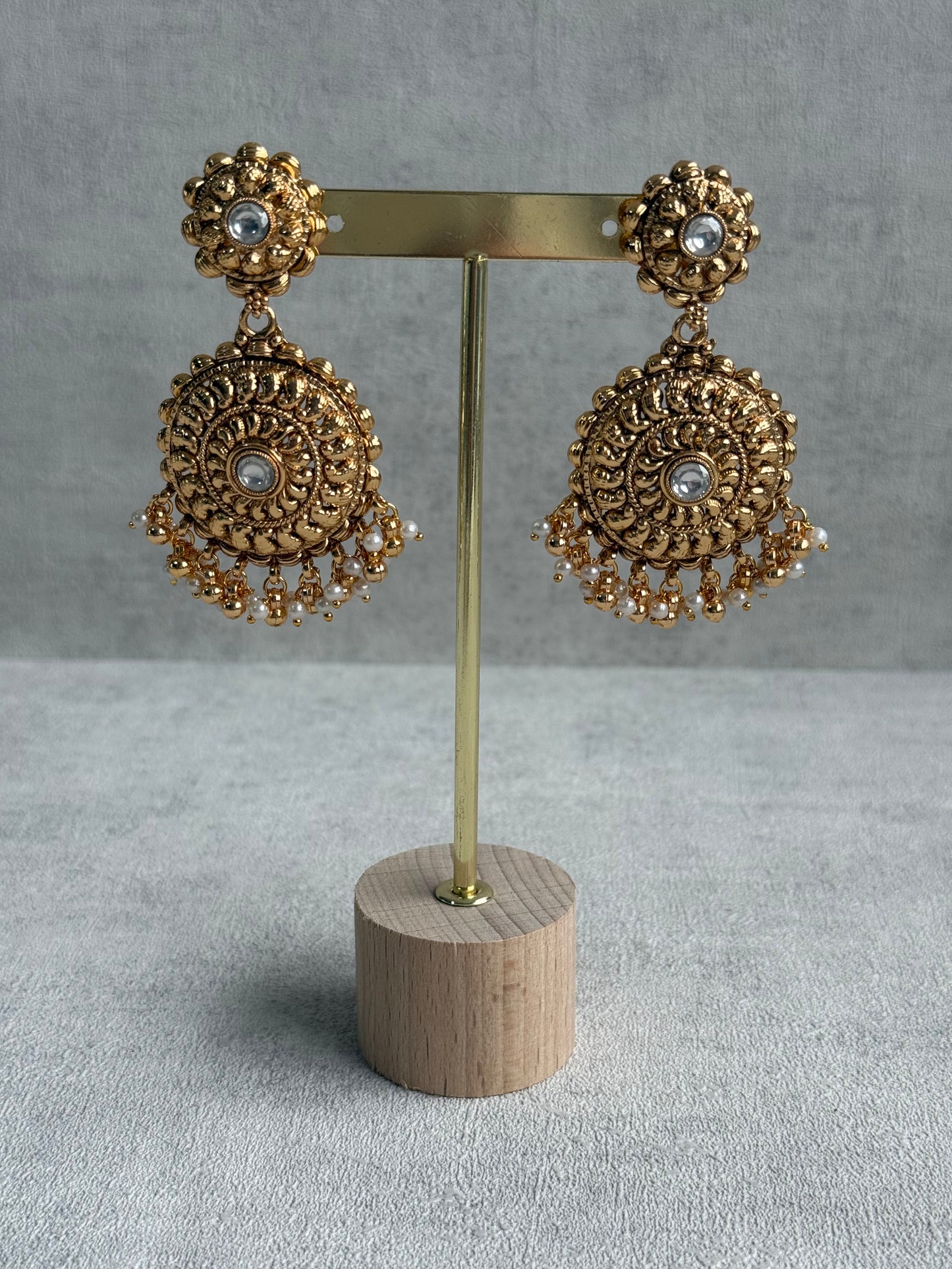 Ayura Designs Rummy Set – Statement Necklace, Earrings & Tikka with Ivory Pearls and Polished Gold Finish