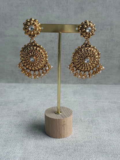 Ayura Designs Rummy Set – Statement Necklace, Earrings & Tikka with Ivory Pearls and Polished Gold Finish