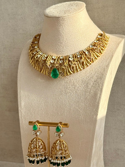 Ayura Designs Rami Collar Set with Jhumkis – Sculpted Gold Collar with Emerald Green Stone and Crystal Detailing