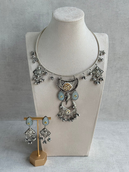 Ayura Designs Jiyana Collar Necklace Set – Dove Grey Carved Teardrop Stones & Oxidised Silver Finish