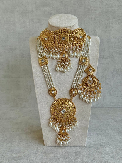 Ayura Designs Mannat Bridal Set with Choker, Haar, Earrings, Tikka & Passa – Ivory Pearls & Antique Gold Finish