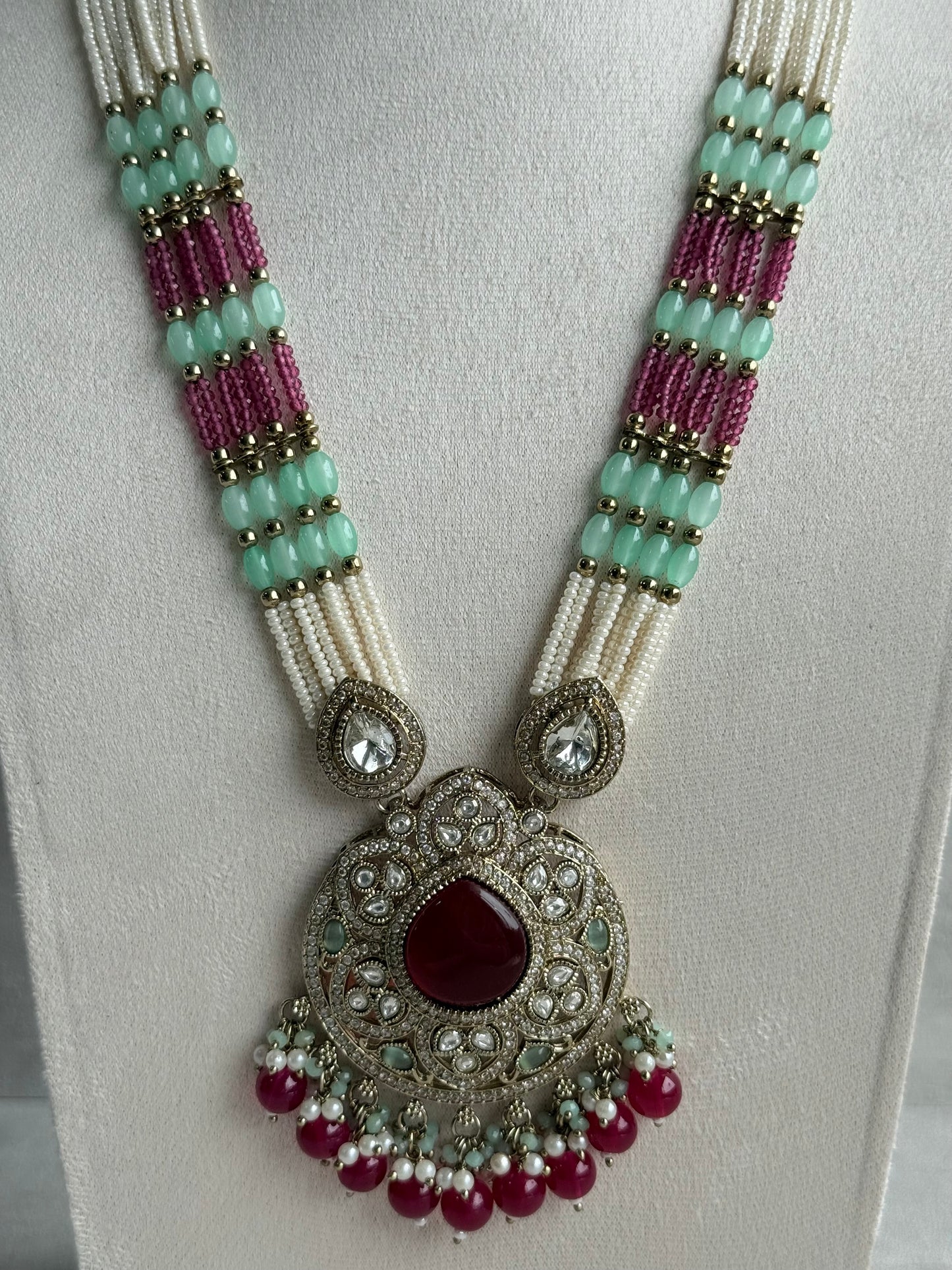 Ayura Designs Brielle Set – Necklace & Jhumkis with Mirror-Cut Stones, Ruby Red, Mint Green & Ivory Pearl Detailing