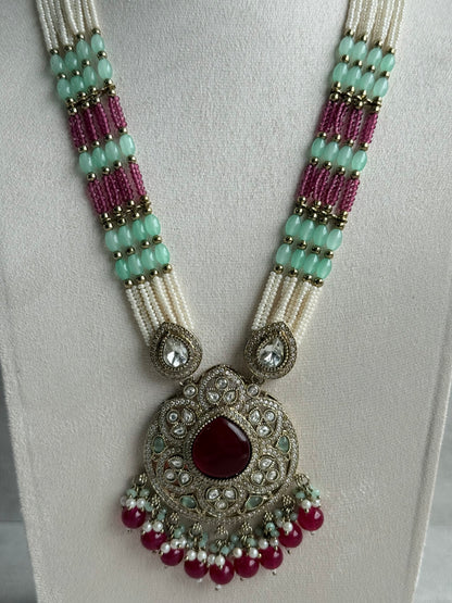 Ayura Designs Brielle Set – Necklace & Jhumkis with Mirror-Cut Stones, Ruby Red, Mint Green & Ivory Pearl Detailing