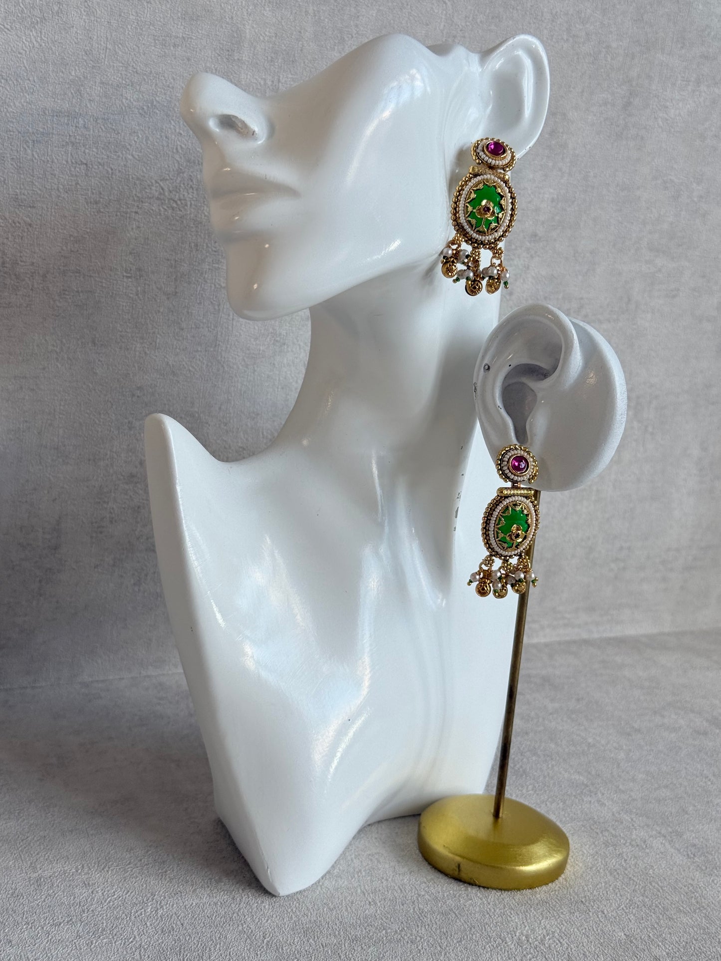 Ayura Designs Enjal Earrings – Emerald Green Enamel, Pearl Beading, Pink Stone & Gold Finish