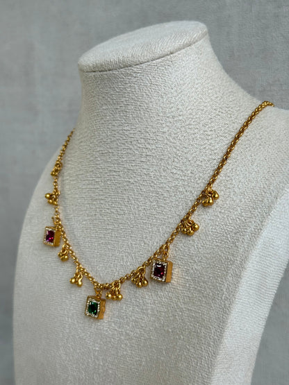 Ayura Designs Smita Set with Necklace & Earrings – Ruby Pink & Emerald Green Stones with Gold-Tone Ghungroo Detailing