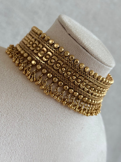 Ayura Designs Tavnoor Choker Set with Stud Earrings – Antique Gold Statement Choker with Traditional Bead Detailing