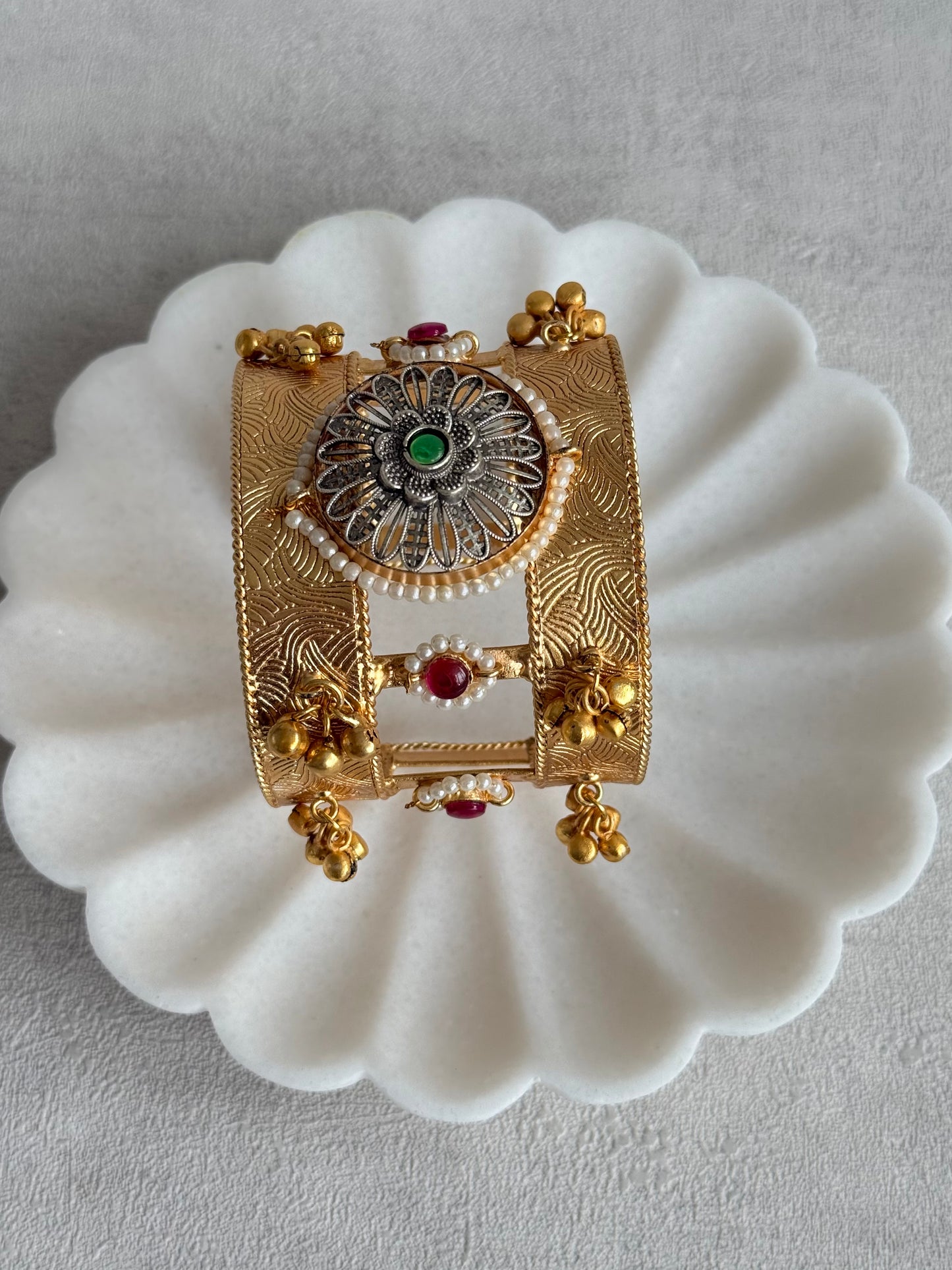 Ayura Designs Omita Adjustable Kashmiri Cuff Bracelet – Floral Medallion with Pearl, Ruby & Emerald Detailing