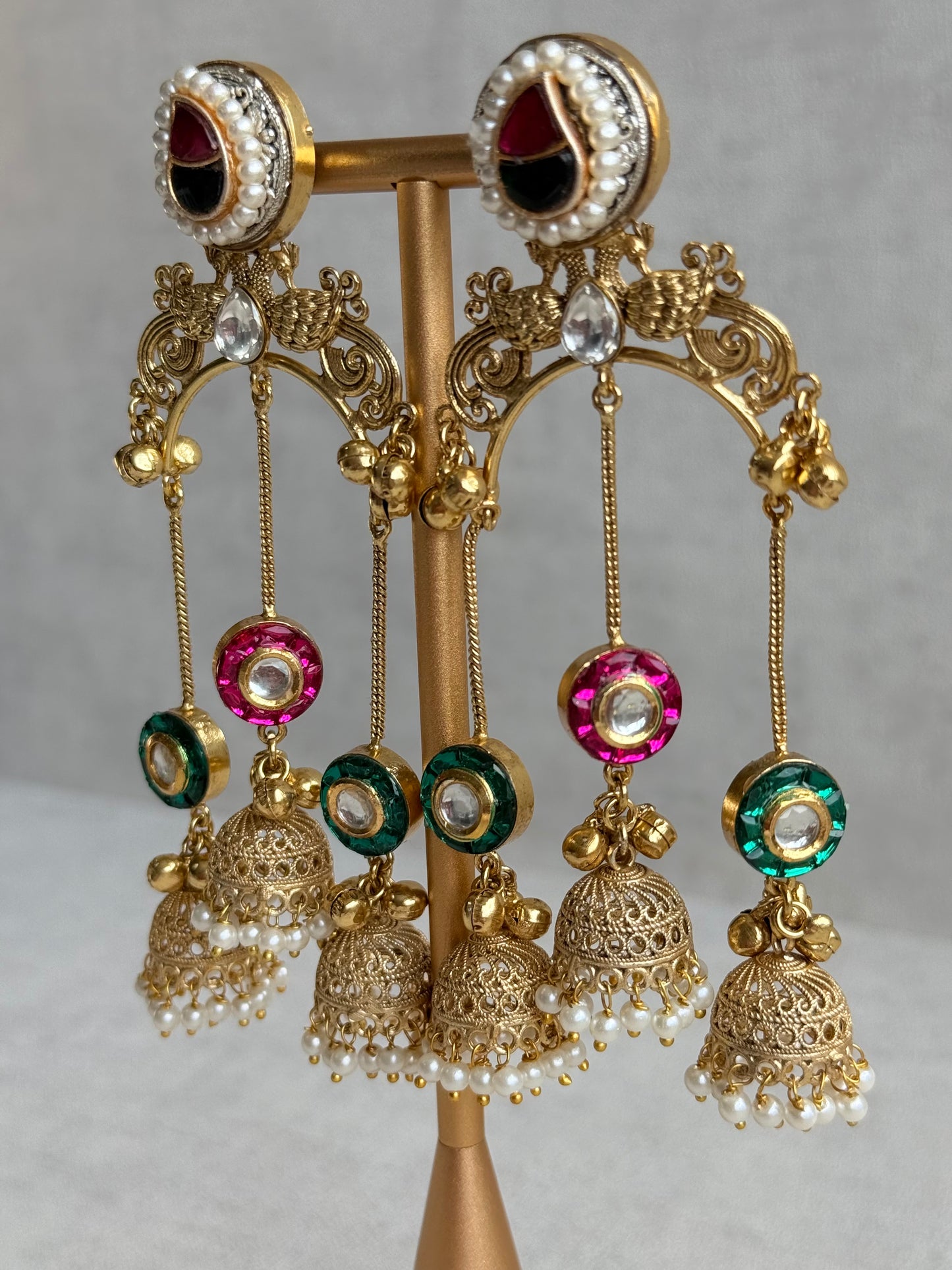 Ayura Designs Arzina Earrings – Triple Jhumki Earrings with Pink & Emerald Green Stones, Pearl Borders & Gold Detailing