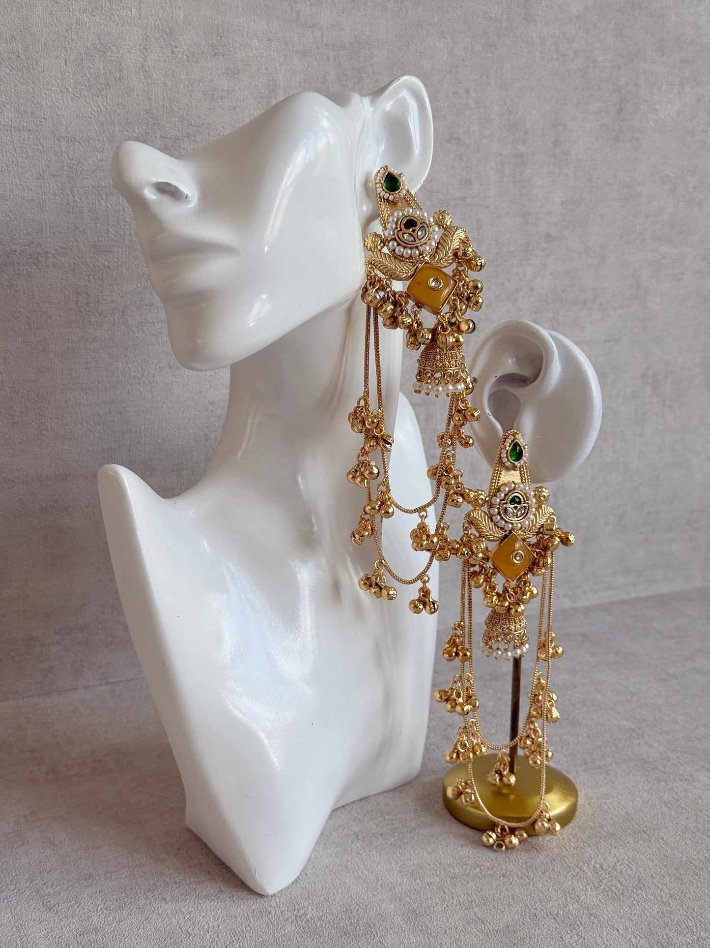 Ayura Designs Simal Earrings – Kashmiri Earrings with Amber Stone, Multicoloured Detailing, Layered Ghungroo Chains & Jhumkis