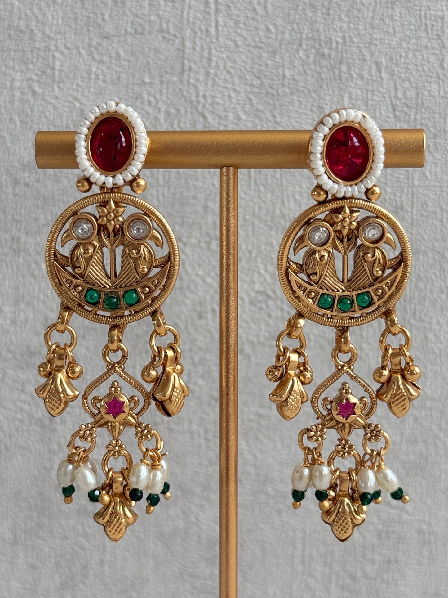 Ayura Designs Parchhai Necklace Set with Earrings – Rose Pink, Ruby Red & Emerald Green Stones, Bird Motifs & Pearl Detailing