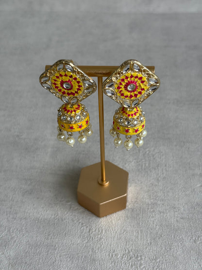 Ayura Designs Rangoli Jhumkis – Marigold Yellow & Hot Pink Meenakari with Pearl Drops in Antique Gold Finish