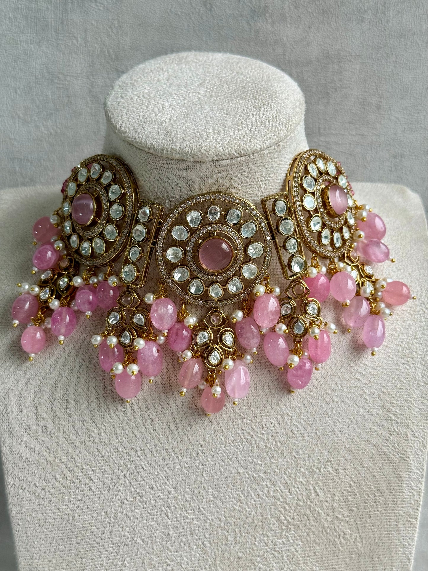 Ayura Designs Harper Set – Antique Gold Choker & Earrings with Blush Pink Beads, Kundan Stones & Pearl Detailing