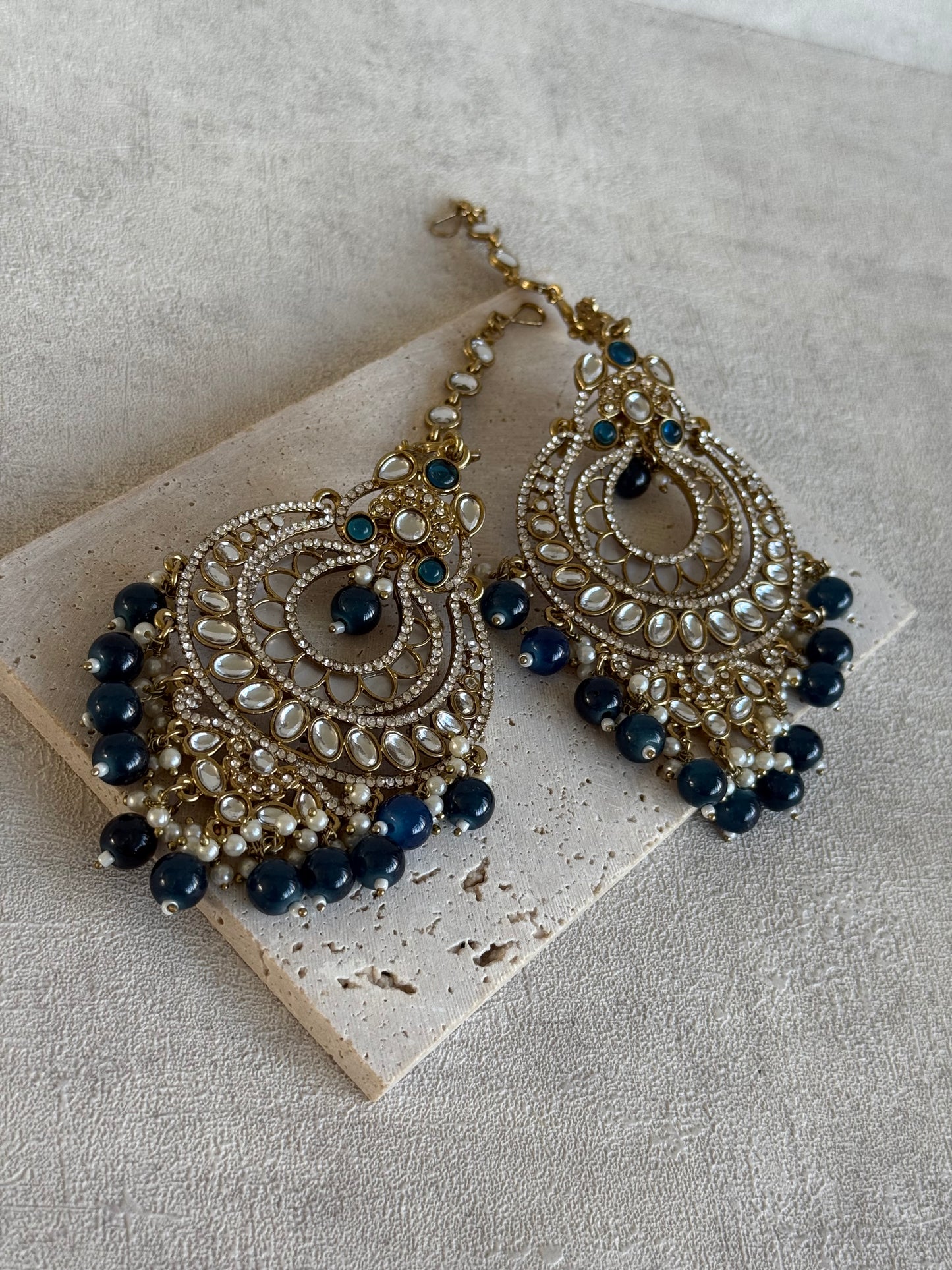 Ayura Designs Rabia Chandbalis – Antique Gold Kundan Earrings with Midnight Blue Beads, Pearls & Attached Sahare
