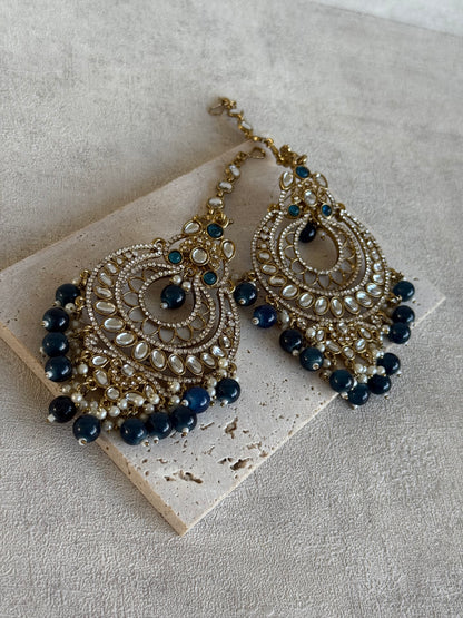 Ayura Designs Rabia Chandbalis – Antique Gold Kundan Earrings with Midnight Blue Beads, Pearls & Attached Sahare