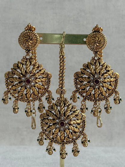 Ayura Designs Survi Tikka Set with Sahare Earrings – Antique Gold with Kundan, Pink Stones, Ivory & Green Beads
