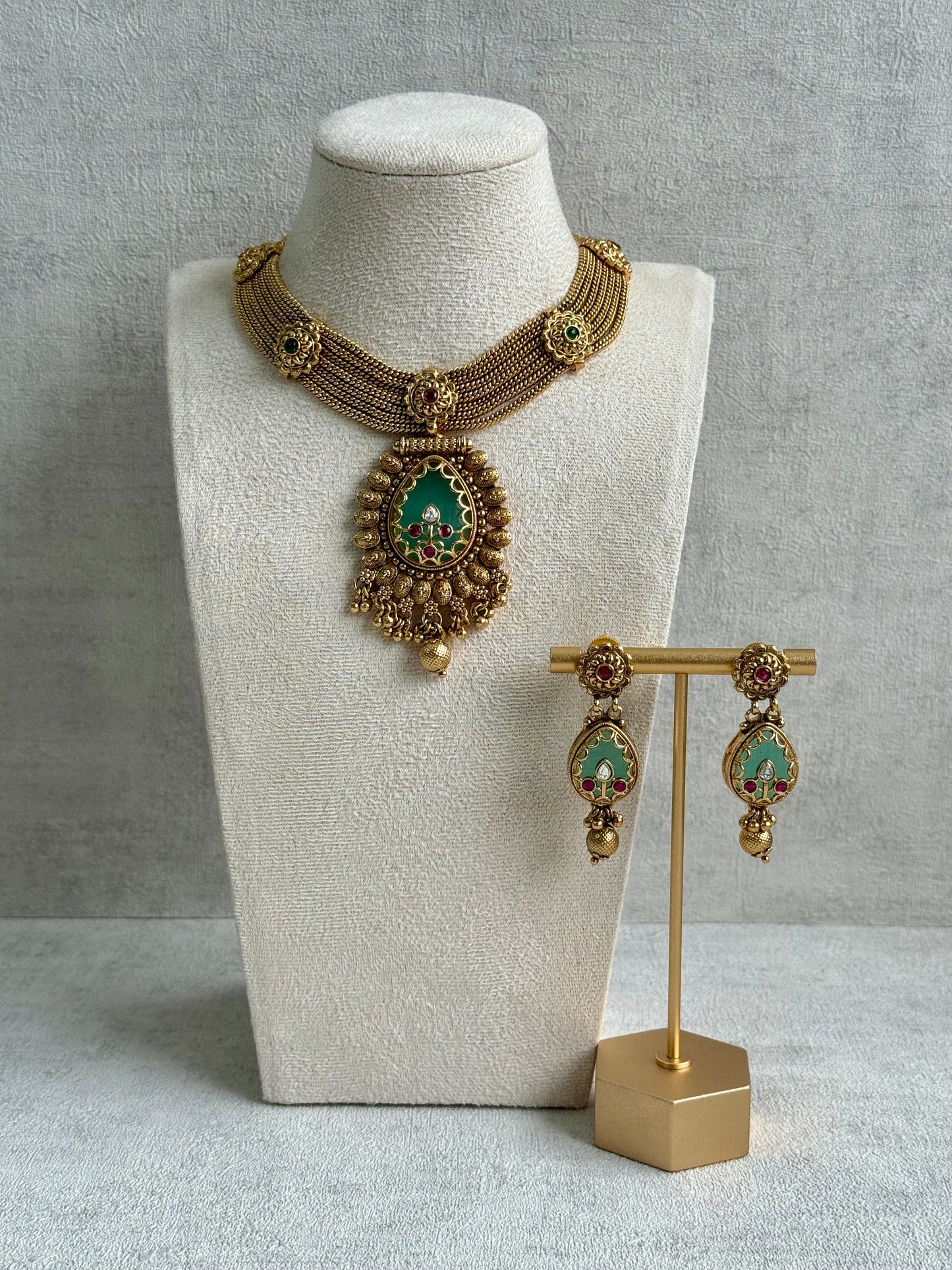 Ayura Designs Ishani Set – Necklace & Earrings with Antique Gold Finish, Pistachio Enamel, Ruby & Polki Detailing