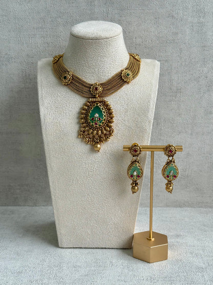Ayura Designs Ishani Set – Necklace & Earrings with Antique Gold Finish, Pistachio Enamel, Ruby & Polki Detailing