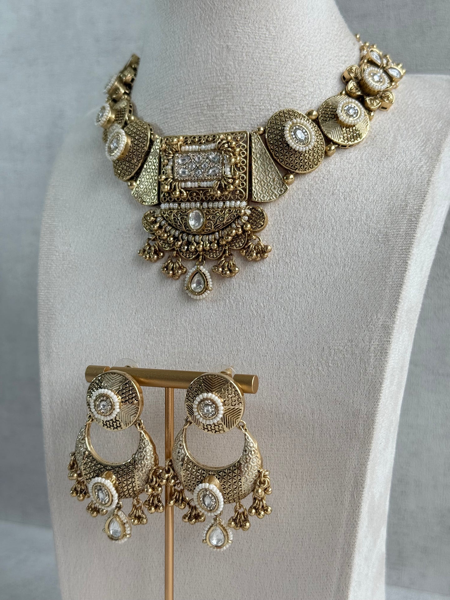 Ayura Designs Purvi Set – Necklace & Earrings with Antique Gold Filigree, Ivory & Pearl Detailing